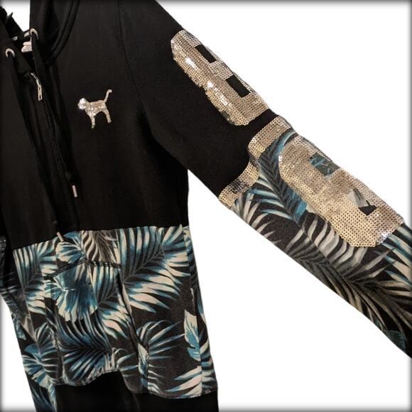 HTF Tropical VS PINK Zip Up Bling Hoodie Silver Sequins Spell PINK 86 + Dog Logo - Picture 8 of 12